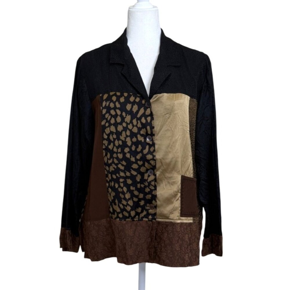 Chicos Womens Size L Patchwork Silk Top Button Up Long Sleeve Brown Black Boho